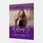 Moderner Lila Gold Glitzer Sweet 16 Foto Willkomme Acrylschild (Winkel)