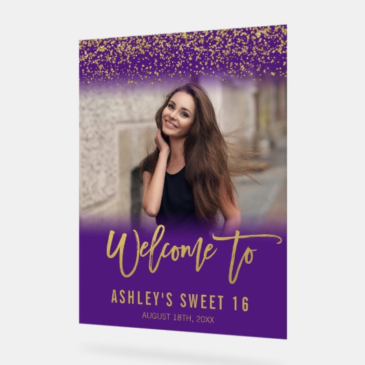 Moderner Lila Gold Glitzer Sweet 16 Foto Willkomme Acrylschild (Winkel)