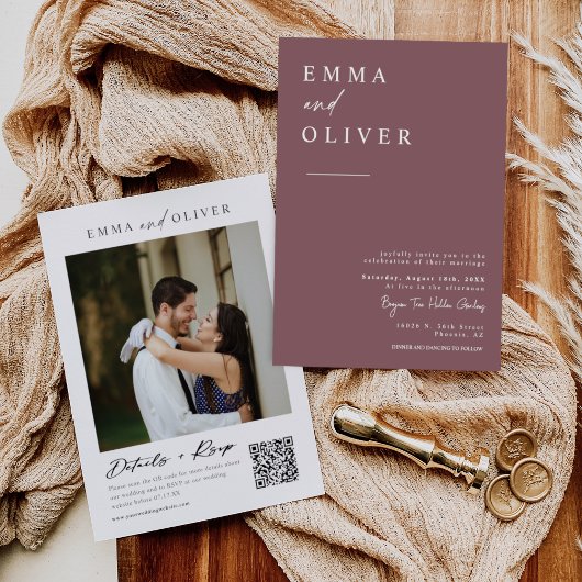 Moderner Lila Minimal-Wedding-Foto QR-Code Einladung