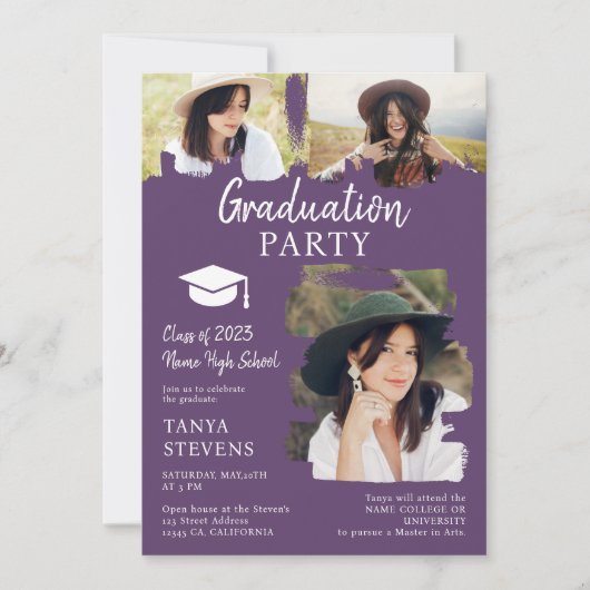 Moderner lila Pinselstrich 3 Foto Abschluss Einladung (Vorderseite)
