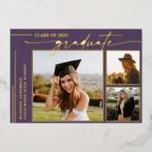 Moderner Lila Script Graduate Foto Abschluss Folieneinladung (Vorderseite)