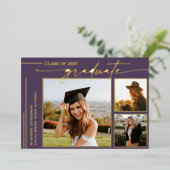 Moderner Lila Script Graduate Foto Abschluss Folieneinladung (Stehend vorne)