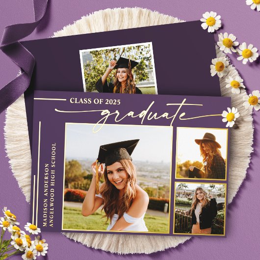 Moderner Lila Script Graduate Foto Abschluss Folieneinladung