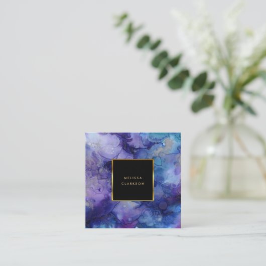 Moderner lila Spritzer-Goldrahmen in Aquarelle Quadratische Visitenkarte (Stehend Vorderseite)