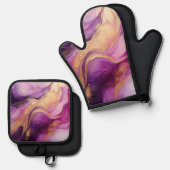 Moderner Lila und goldener Abstrakter Luxus- Ofenhandschuh & Topflappen-Set (Vorderseite/Rückseite)