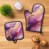 Moderner Lila und goldener Abstrakter Luxus- Ofenhandschuh & Topflappen-Set (Oben Unten)