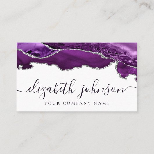 Moderner Lila Violet Silver Glitzer Agate Marble Visitenkarte (Vorderseite)