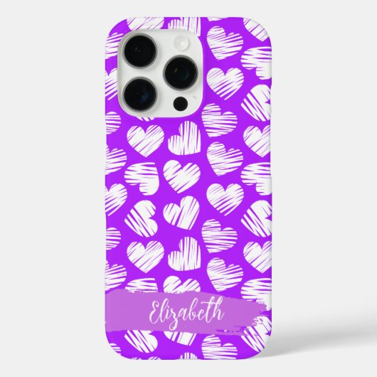 Moderner Lila weißer Doodled Herzname Valentine Case-Mate iPhone Hülle (Rückseite)