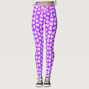 Moderner Lila weißer Doodled Herzname Valentine Leggings
