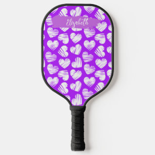 Moderner Lila weißer Doodled Herzname Valentine Pickleball Schläger
