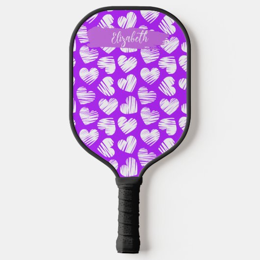 Moderner Lila weißer Doodled Herzname Valentine Pickleball Schläger (Rückseite)