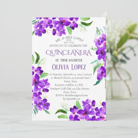 Moderner Lilac Quinceañera Lila Lavender Geburtsta Einladung (Stehend Vorderseite)