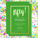 Moderner Limettengrün & Gold Foil 50. Geburtstag Folieneinladung<br><div class="desc">Feiern Sie stilvoll mit unserer modernen und eleganten Einladung. Ein kühner,  grüner Hintergrund wird durch eine blendende Goldfolie "50!" und einen luxuriösen Rahmen aus Goldfolie unterstrichen,  der Ihre schicken Party-Details umgibt. Einfach,  raffiniert und perfekt für den Meilenstein Geburtstag. Erstellt von der einfachen Farmhouse Press.</div>