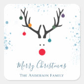 Moderner, lustiger Weihnachtsrentiere, blauer Glit Quadratischer Aufkleber (Vorderseite)