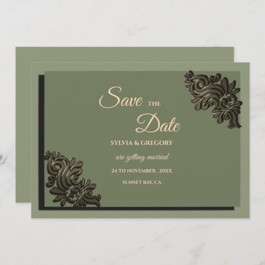 Moderner Luxury Earth Ton Sage Green & Gold Classi Save The Date (Vorne/Hinten)