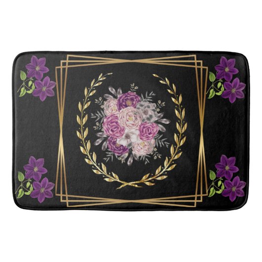 Moderner Luxus-Black Gold Lila Floral Trendy Badematte (Vorderseite)