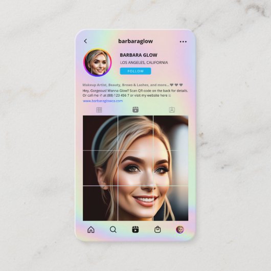 Moderner Makeup Künstler Instagram Holographic Visitenkarte (Vorderseite)