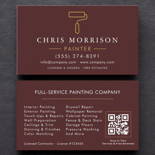 Moderner Maler Burgund Gold QR-Code Visitenkarte