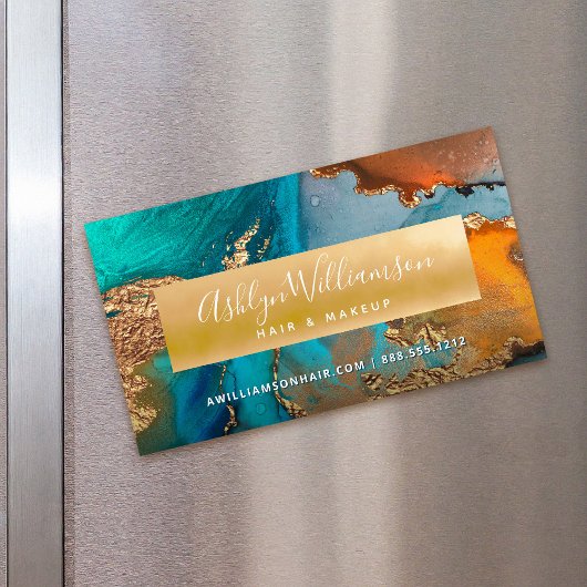 Moderner Marmor Aquarell Goldtürkisfarbener Friseu Magnetische Visitenkarte