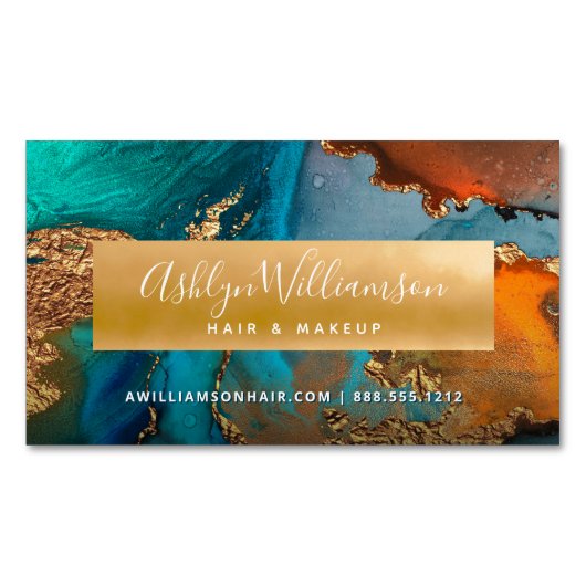 Moderner Marmor Aquarell Goldtürkisfarbener Friseu Magnetische Visitenkarte (Vorderseite)