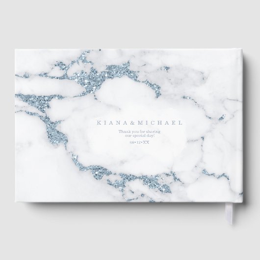 Moderner Marmor-Glitzer Wedding Blue ID816 Gästebuch (Rückseite)