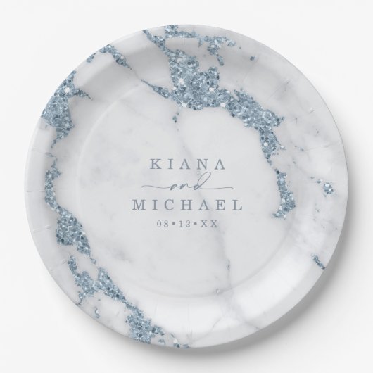Moderner Marmor-Glitzer Wedding Dusty Blue ID816 Pappteller (Vorderseite)