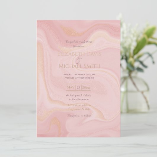 Moderner Marmorrosa Glitzer Hintergrund Einladung (Stehend Vorderseite)