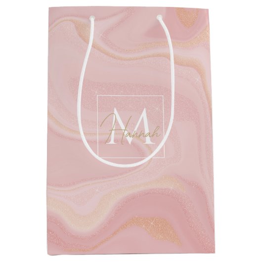 Moderner Marmorrosa Glitzer Hintergrund Mittlere Geschenktüte (Vorderseite)