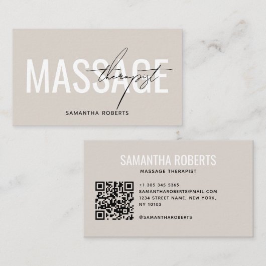 Moderner Masseur QR Code beige Visitenkarte (Vorne/Hinten)