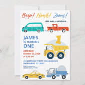 Moderner mehrfarbiger Transport 1. Geburtstag Einladung (Vorderseite)