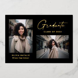 Moderner Minimal Black and Gold 2 Foto Abschluss Folieneinladung