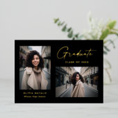 Moderner Minimal Black and Gold 2 Foto Abschluss Folieneinladung (Stehend vorne)