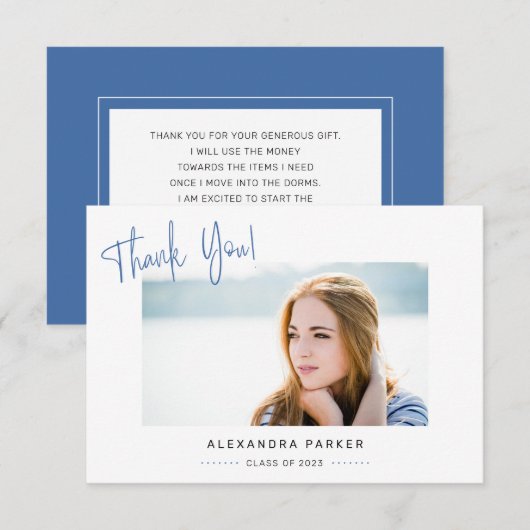 Moderner Minimal Blue Handwriting-Abschluss Dankeskarte (Vorne/Hinten)