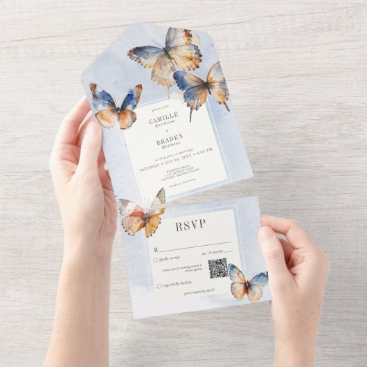 Moderner Minimal Blue & Rust Butterfass QR Code All In One Einladung (Abreißen)