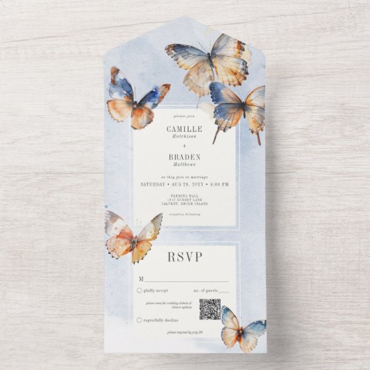 Moderner Minimal Blue & Rust Butterfass QR Code All In One Einladung (Innen Boden)