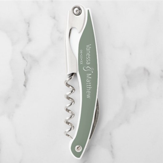 Moderner Minimal Couple's Wedding Date Eukalyptus Kellnermesser (Vorderseite)