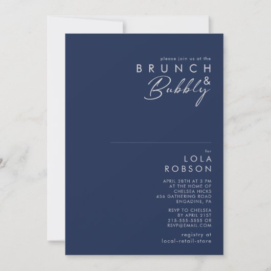 Moderner Minimal Navy Blue Silver Brunch und Bubbl Einladung (Vorderseite)
