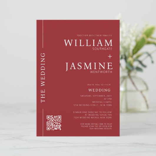 Moderner Minimal sauberer QR-Code All-in-One Hochz Einladung (Stehend Vorderseite)