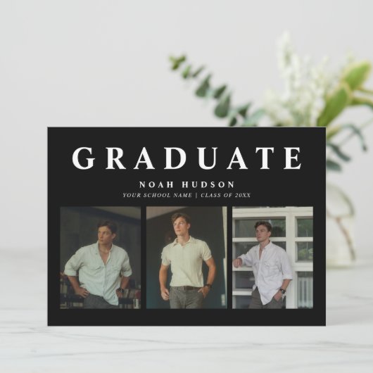 Moderner Minimal Schwarz & Weiß 3 Foto Abschluss Einladung (Stehend Vorderseite)