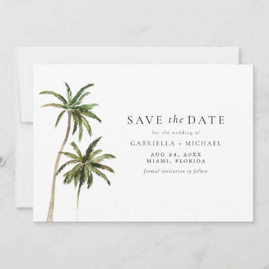 Moderner Minimal Tropical Beach Palm Save the Date Einladung (Vorderseite)