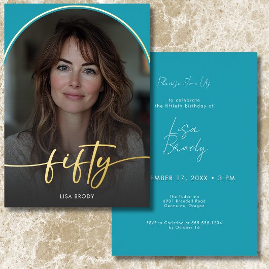 Moderner Minimal Türkis Arch Fiftieth Birthday Folieneinladung