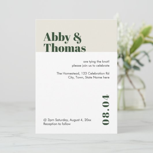 Moderner Minimaler Farbblock Grün Stilvolle Hochze Einladung (Stehend Vorderseite)