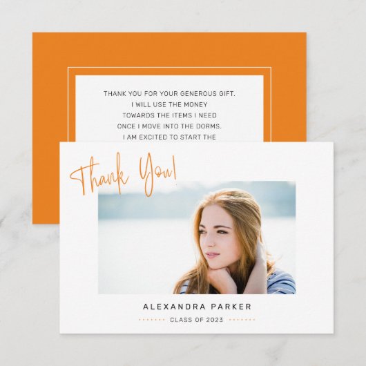 Moderner Minimaler Orange Handwriting-Abschluss Dankeskarte (Vorne/Hinten)