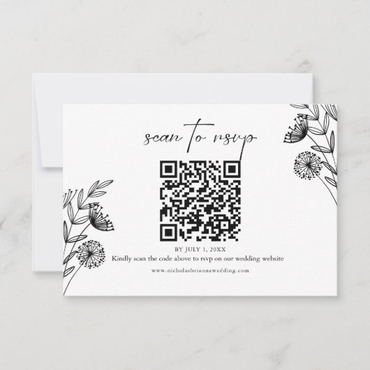 Moderner Minimaler QR-Code für Schwarz-weiße Blume RSVP Karte (Vorderseite)