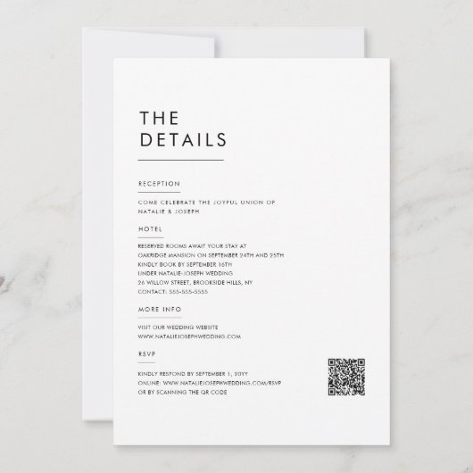 Moderner minimaler QR-Code in einer Hochzeit Einladung (Rückseite)