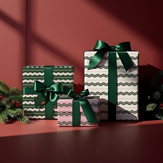 Moderner minimaler Retro-Wavy Green & Pink Stripe Geschenkpapier Set