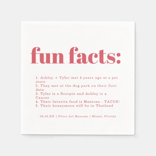 Moderner Minimaler rosa Punch | Fun Facts Wedding Serviette (Vorderseite)