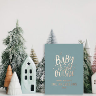 Moderner, minimaler Weihnachtsbaby blau elegant Fo Folien Feiertagspostkarte