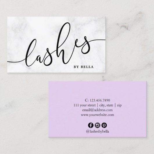 Moderner, minimaler weißer Marmor und lila Lashes Visitenkarte (Vorne/Hinten)