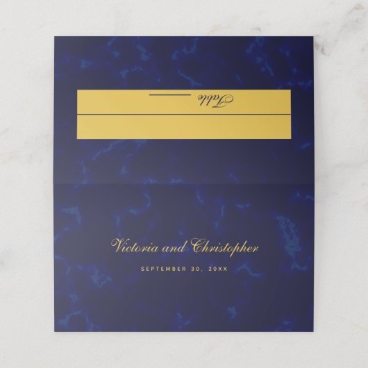 Moderner Minimalismus Stil Skript Navy Blue Weddin Platzkarte (Außenseite Aufgefaltet)